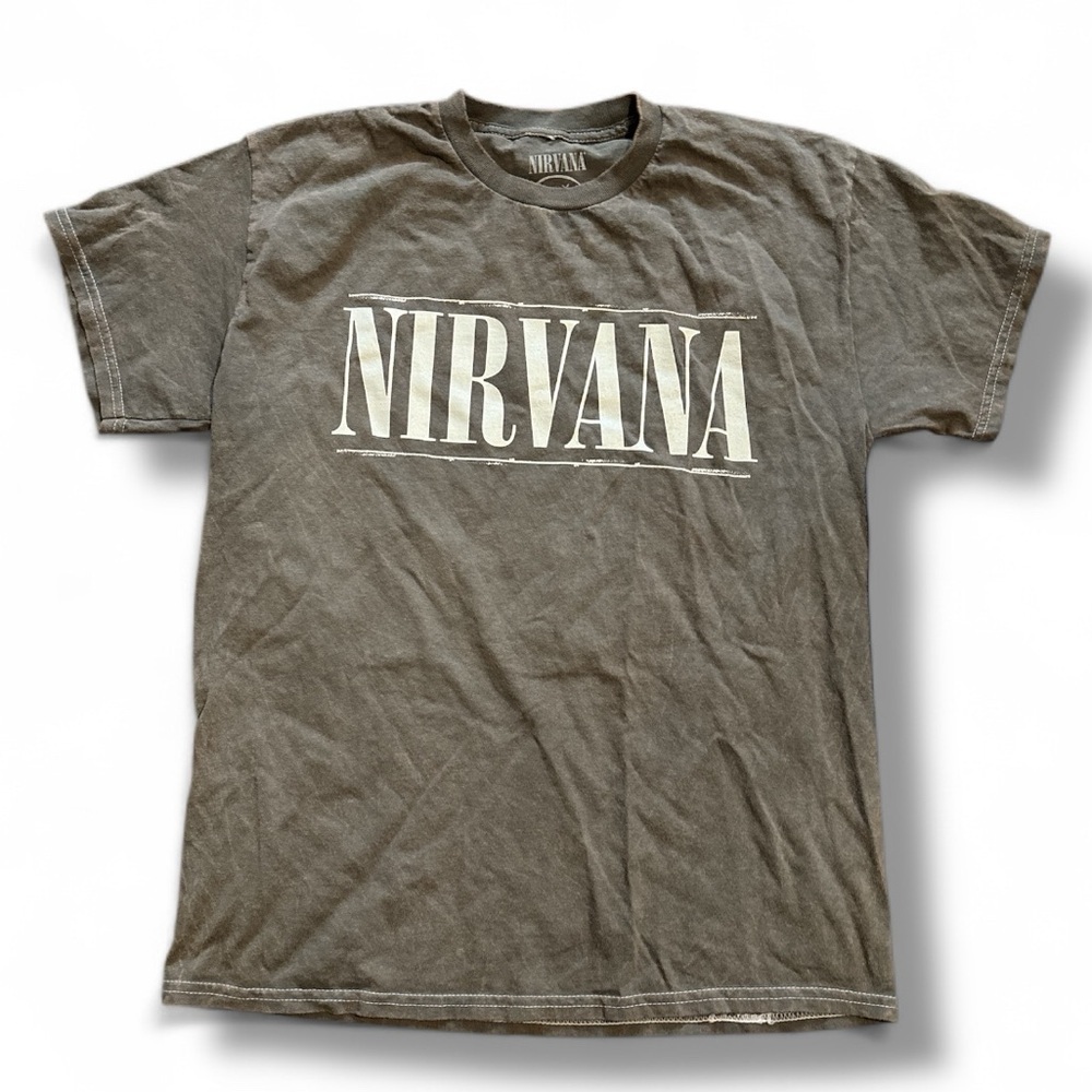 NIRVANA Army Green Vintage Wash Dead Happy Fave Crewneck Short Sleeve Tee